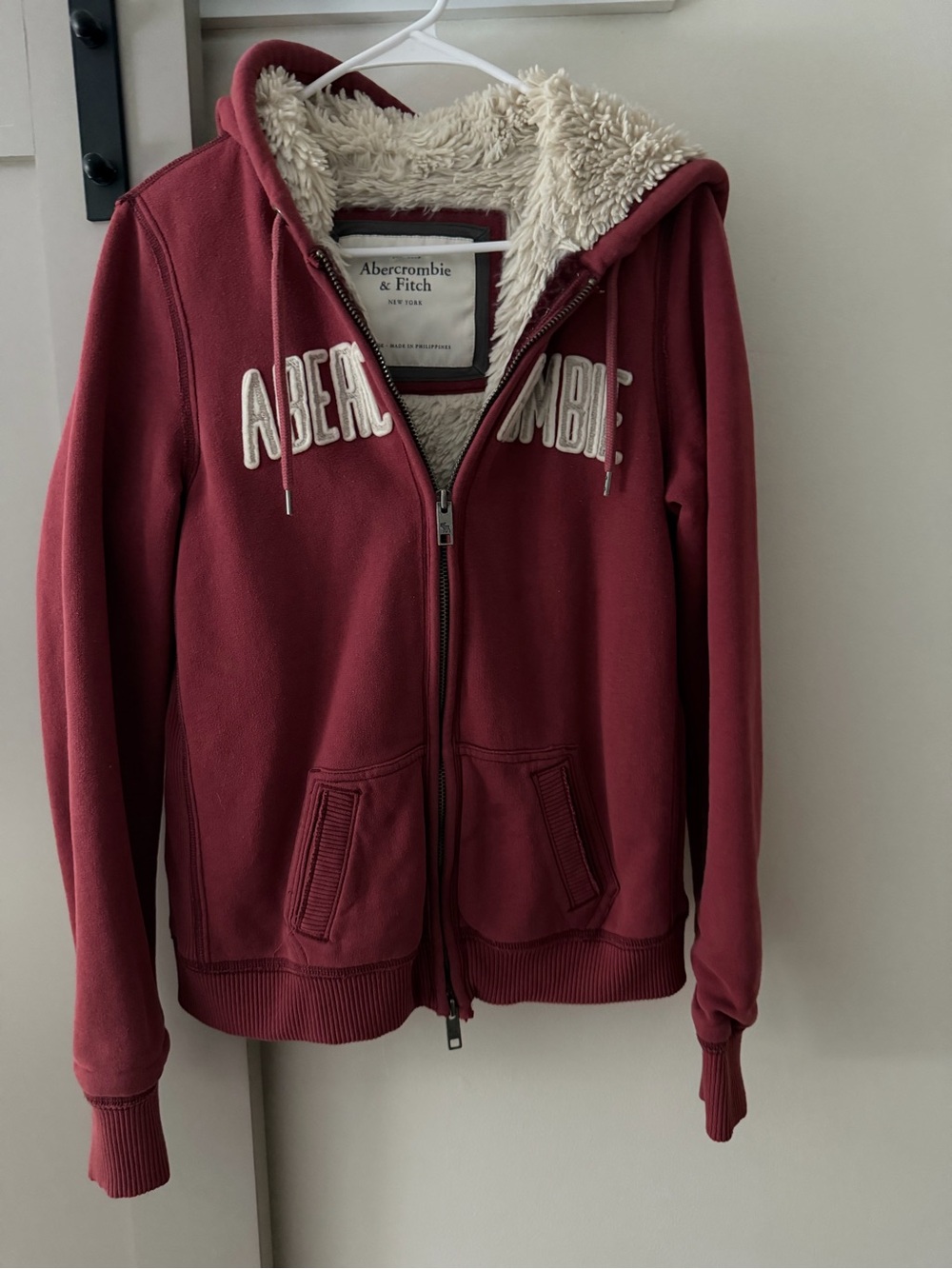 Abercrombie & Fitch Women's Burgundy Zip-Up Hoodie with Cream Sherpa Lining